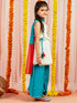 Girl's' White And Blue Kurta Plazoo And Dupatta Set